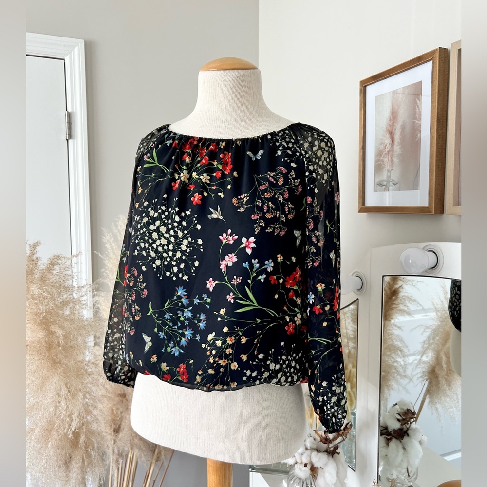 Alice + Olivia Floral Garden Print Top Blouse Birds Size XS/S Lightweight